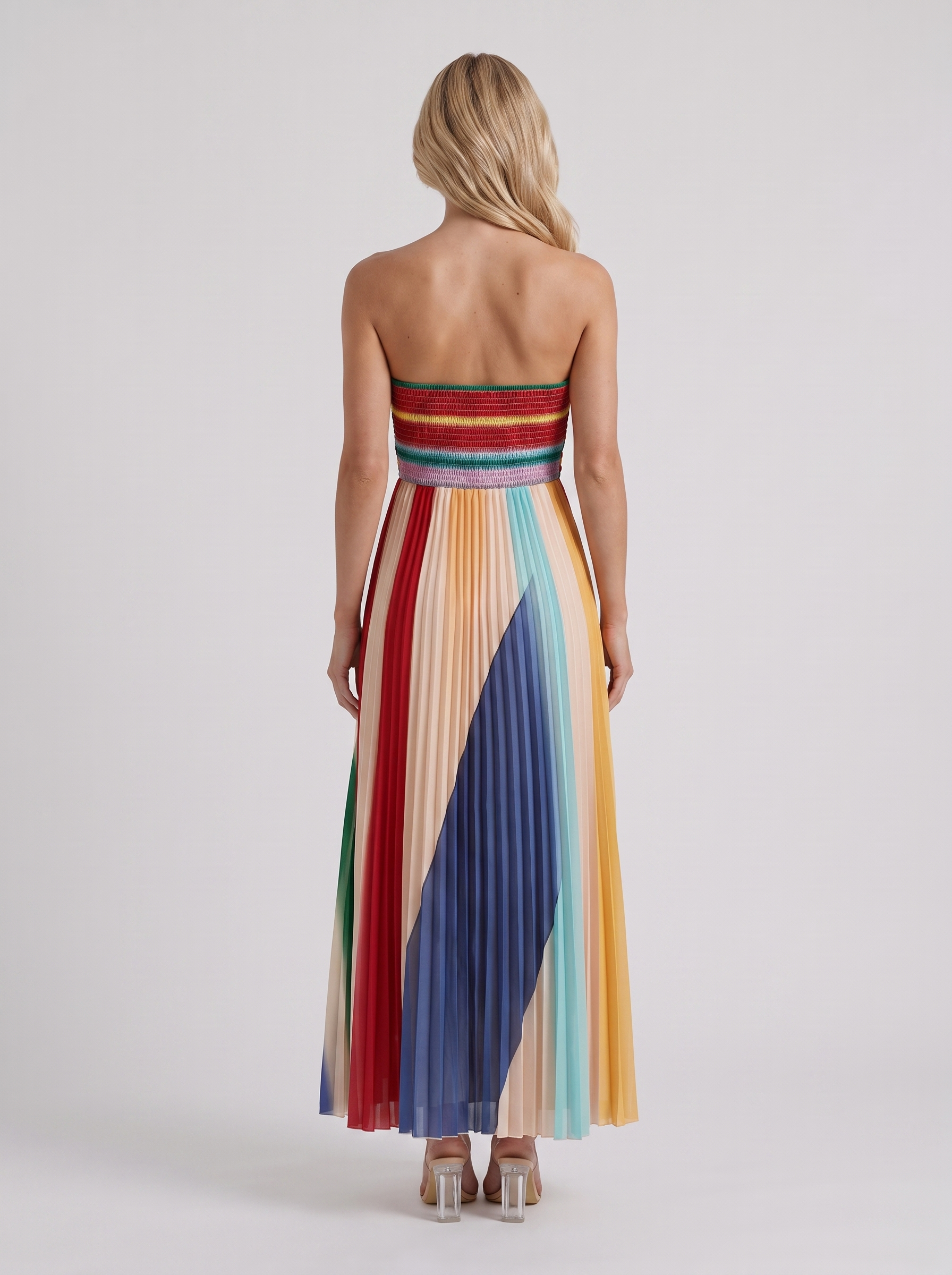 Women multicolor maxi dress with strapless neckline and ruched bodice