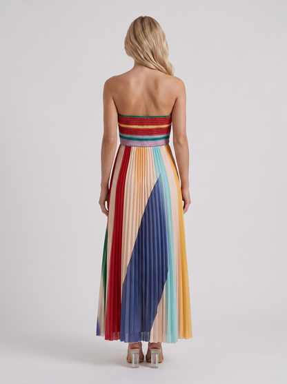 Women multicolor maxi dress with strapless neckline and ruched bodice