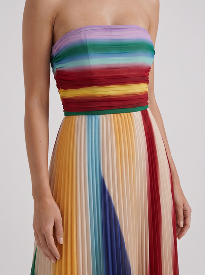Women multicolor maxi dress with strapless neckline and ruched bodice