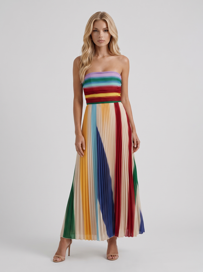 Women multicolor maxi dress with strapless neckline and ruched bodice