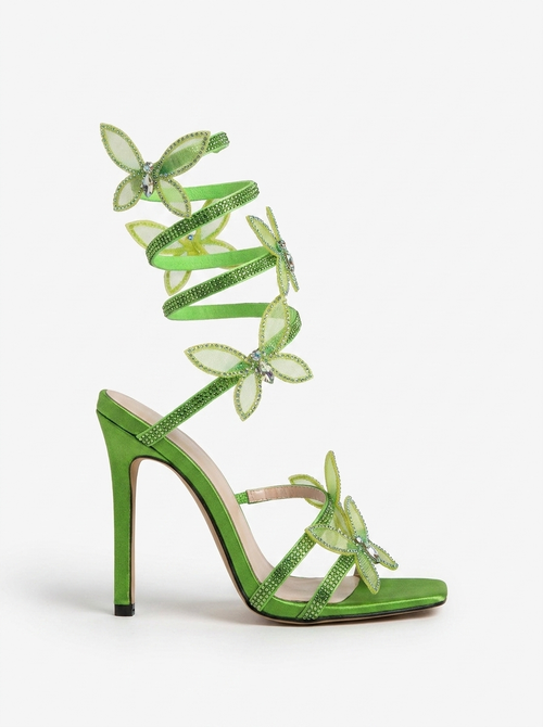 Women green heeled sandals with wrap straps and butterfly detail