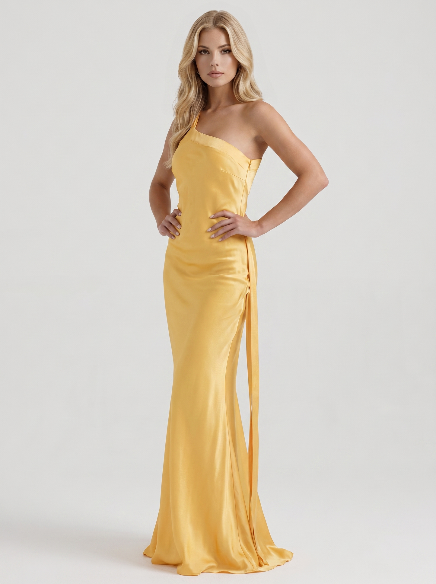 Amara One Shoulder Satin Column Maxi Gown - Gold