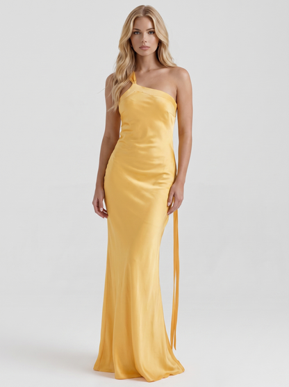 Amara One Shoulder Satin Column Maxi Gown - Gold