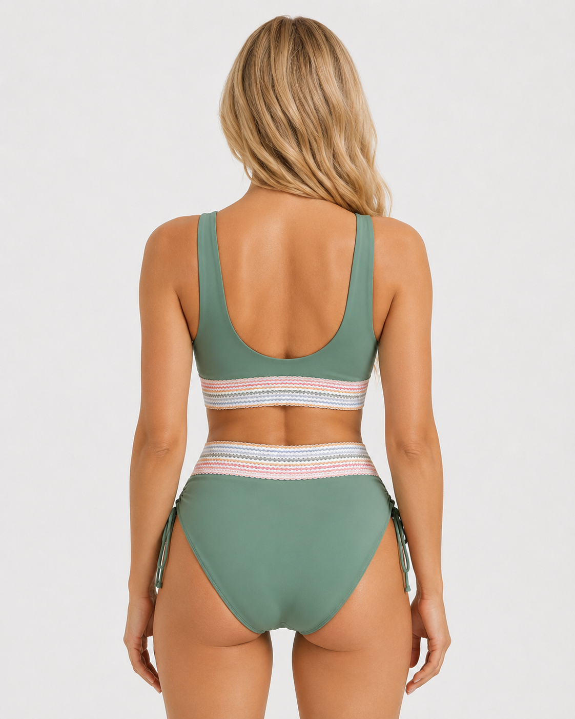 Women green bikini swimwear two piece set, side view