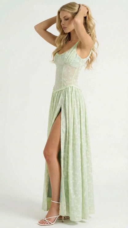 Amelia Lace Slit Maxi Dress - Green