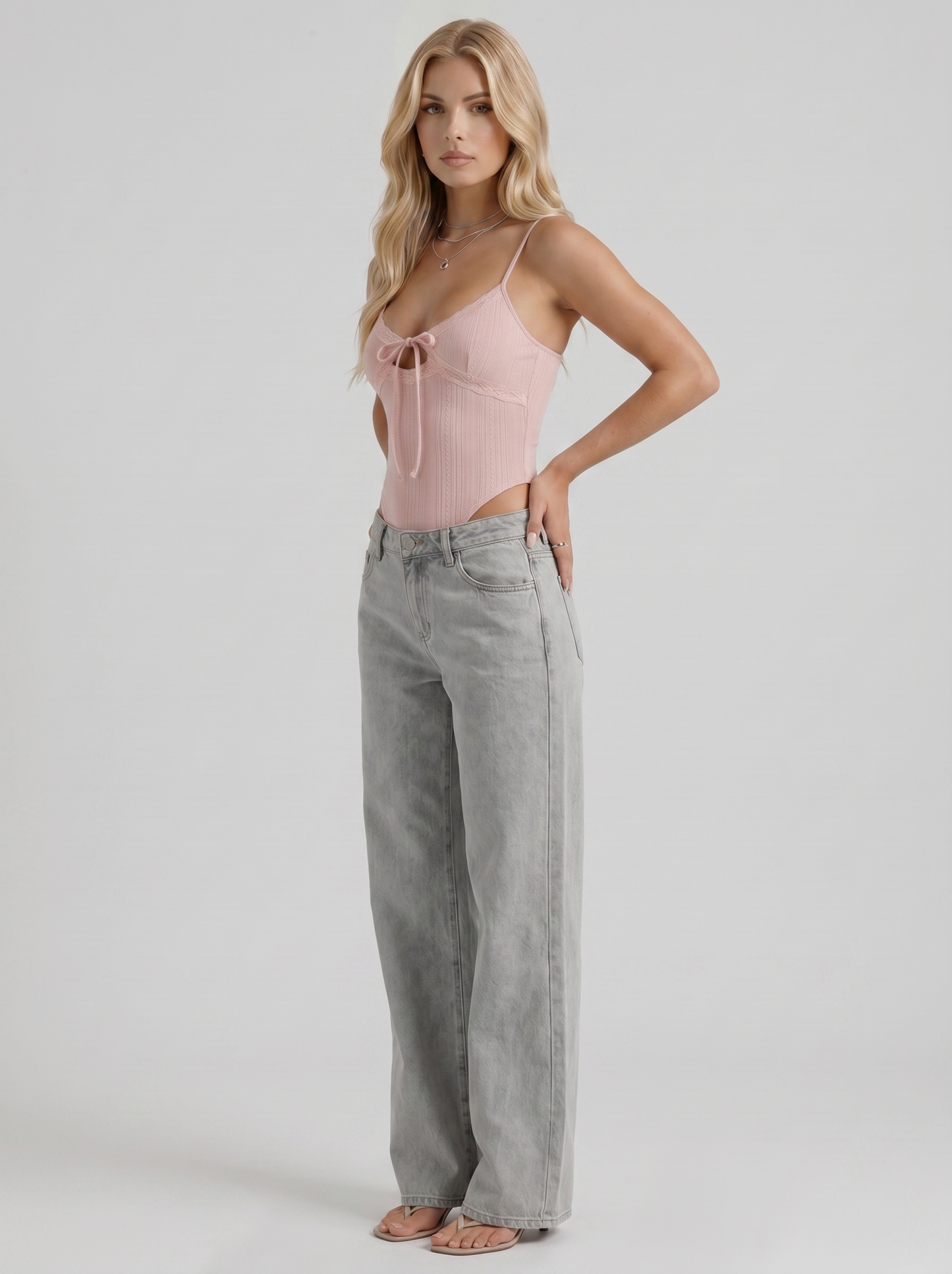 Women blue wide leg bow detail jeans, 45 angle view