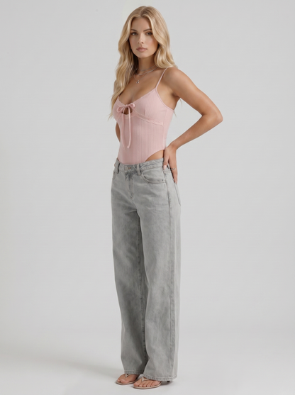 Women blue wide leg bow detail jeans, 45 angle view
