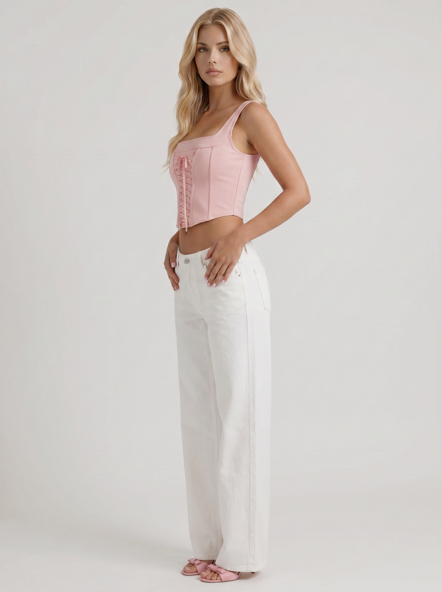 Women white wide leg bow detail jeans, 45 angle view
