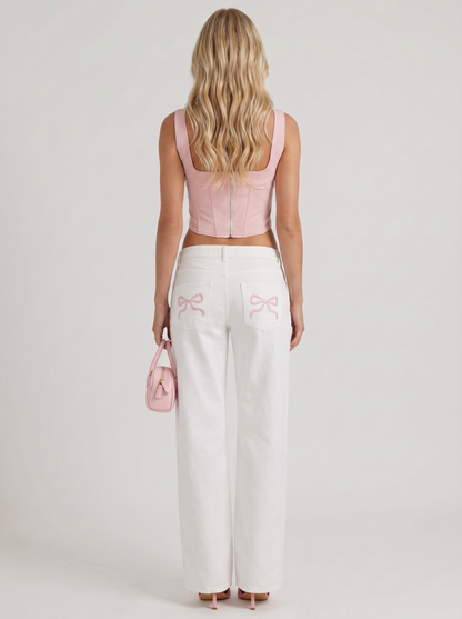 Women white wide leg bow detail jeans, back view
