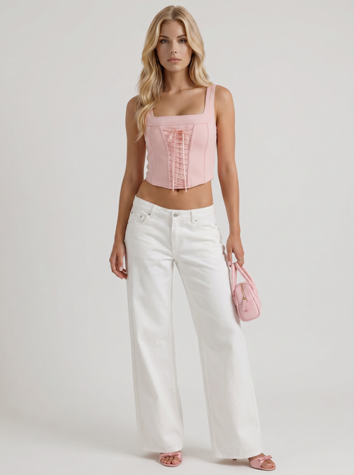 Women white wide leg bow detail jeans, front view