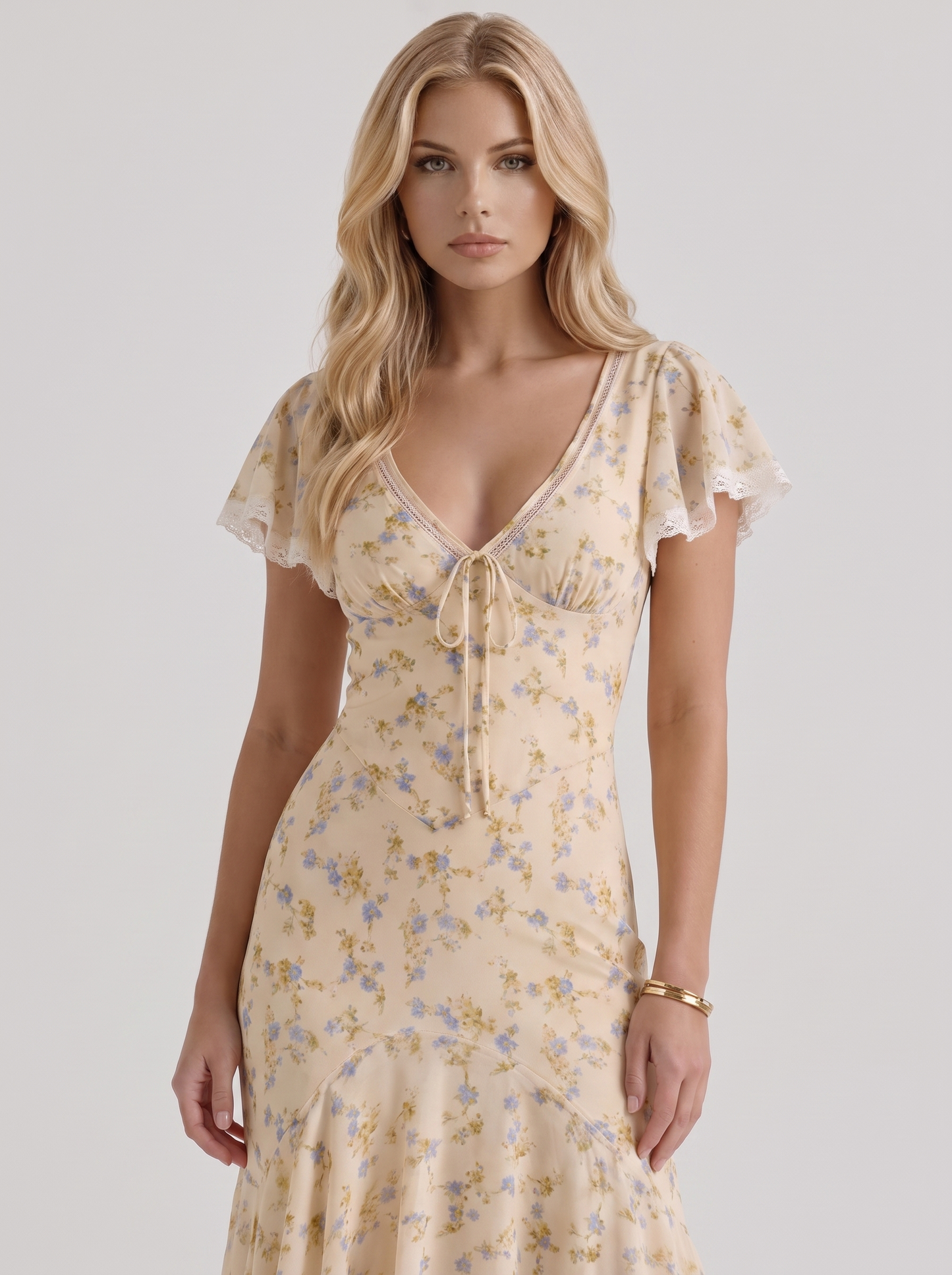 Amina Floral V Neck Maxi Dress - Buttercream Yellow