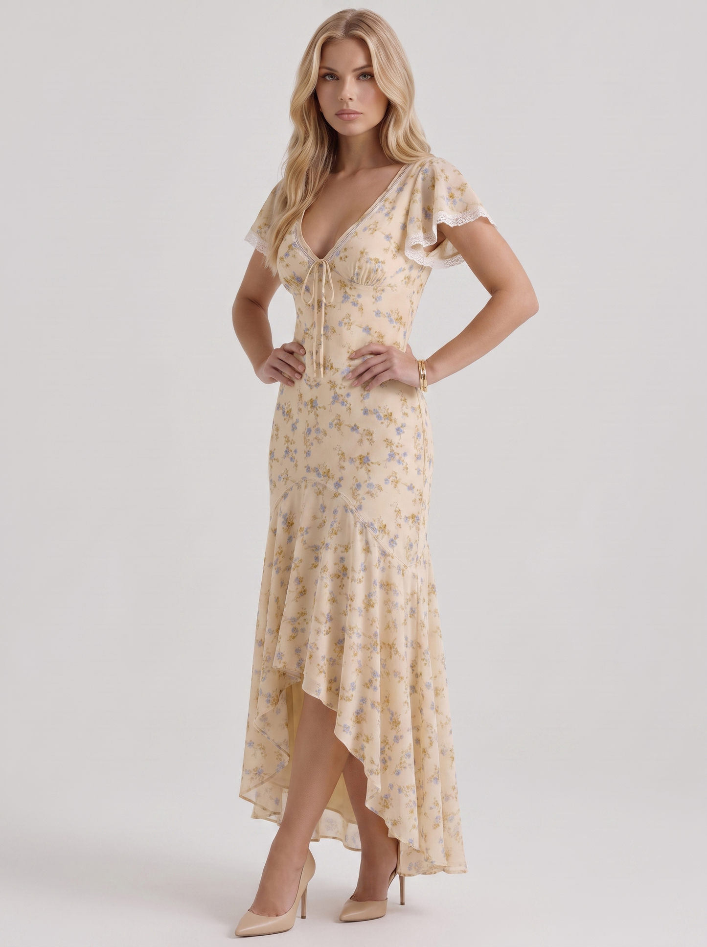 Amina Floral V Neck Maxi Dress - Buttercream Yellow