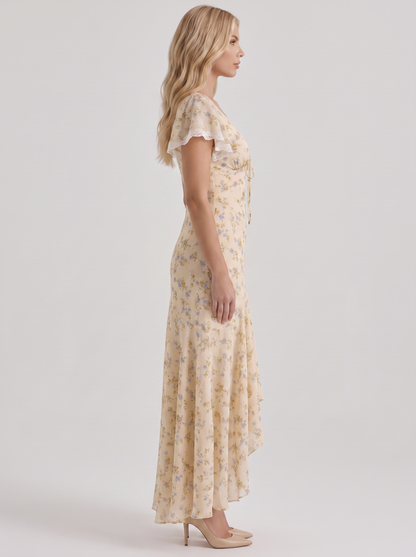 Amina Floral V Neck Maxi Dress - Buttercream Yellow