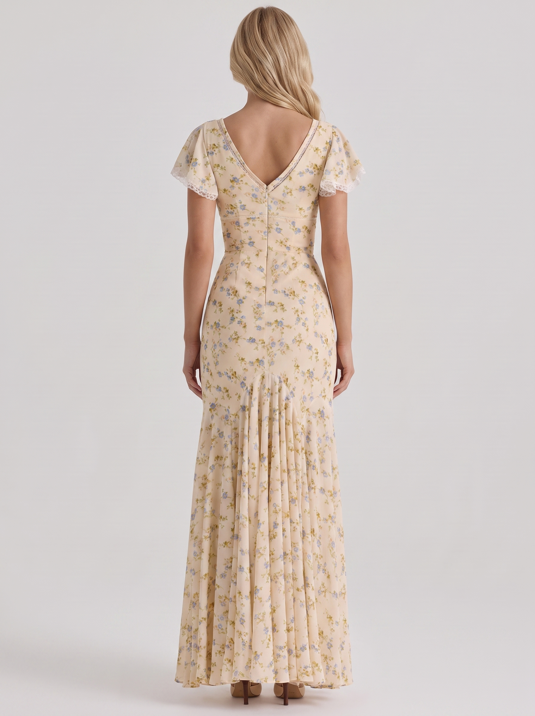 Amina Floral V Neck Maxi Dress - Buttercream Yellow