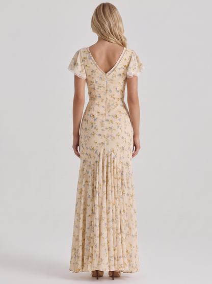 Amina Floral V Neck Maxi Dress - Buttercream Yellow