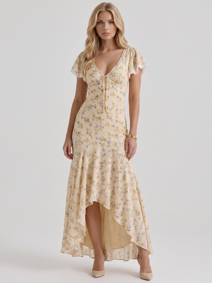 Amina Floral V Neck Maxi Dress - Buttercream Yellow