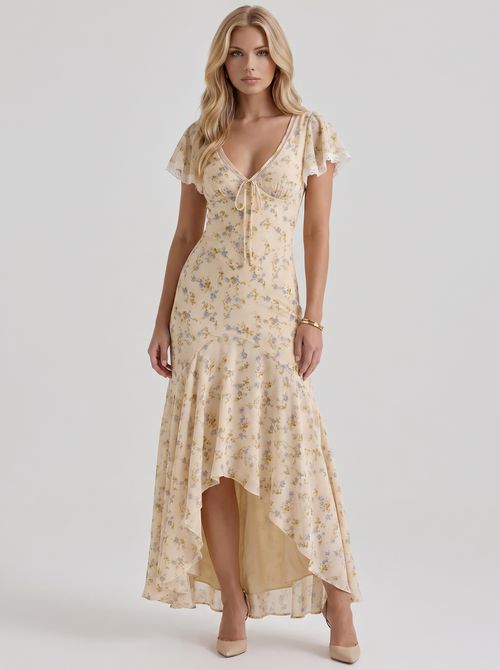 Amina Floral V Neck Maxi Dress - Buttercream Yellow