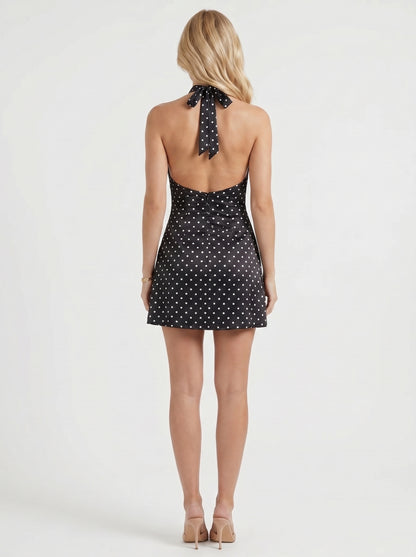 Women black white polka dot mock neck halter satin mini dress, back view