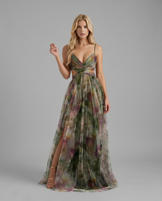 Green floral maxi dress with sweetheart neckline, wrap waist cutouts, pleated skirt and high slit