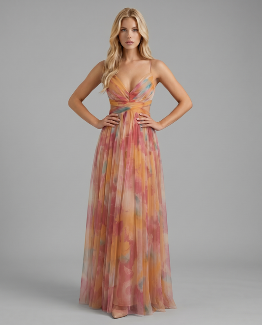 Front view of orange watercolor print maxi dress with spaghetti straps, wrap bodice and flowy skirt