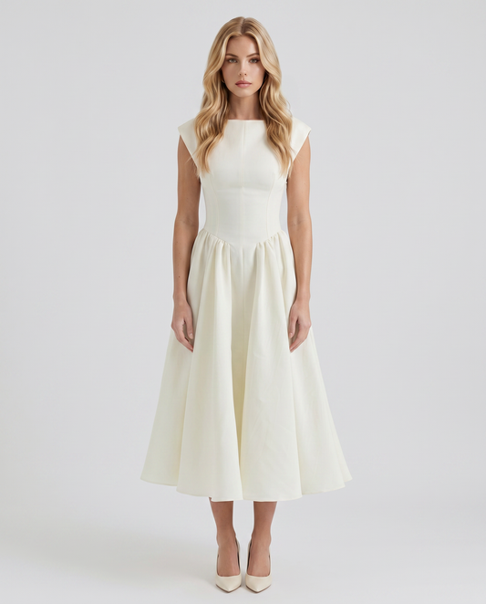 Women white fit and flare midi dress with cap sleeves and boat neckline, front view