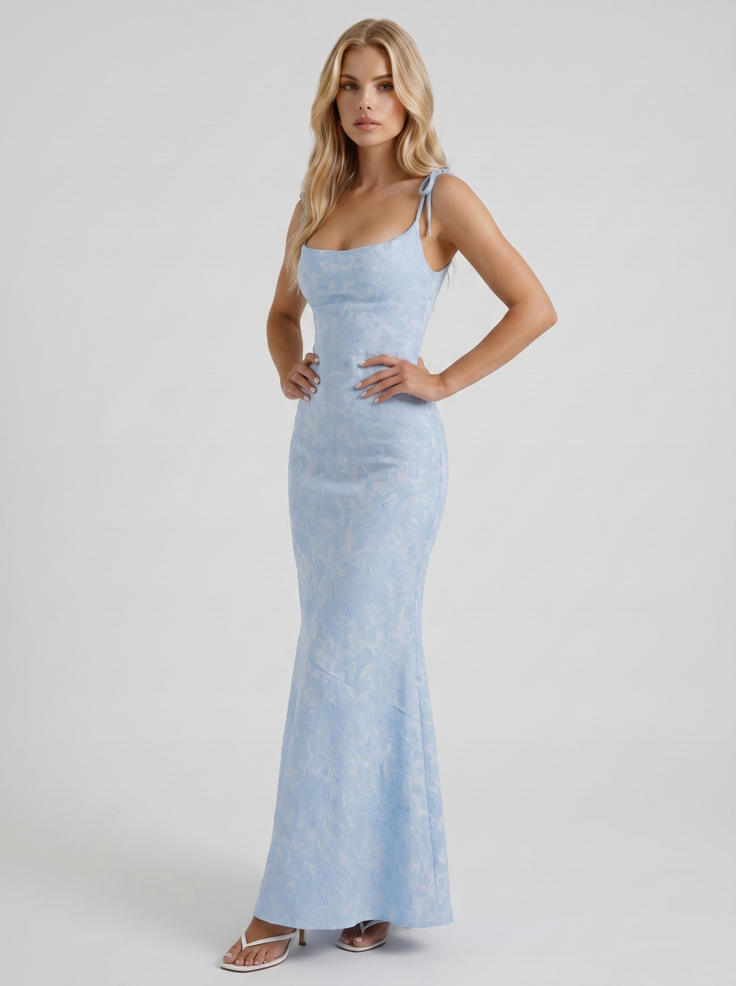 Women blue textured satin cowl neck maxi dress with mermaid hem, 45 degree angle