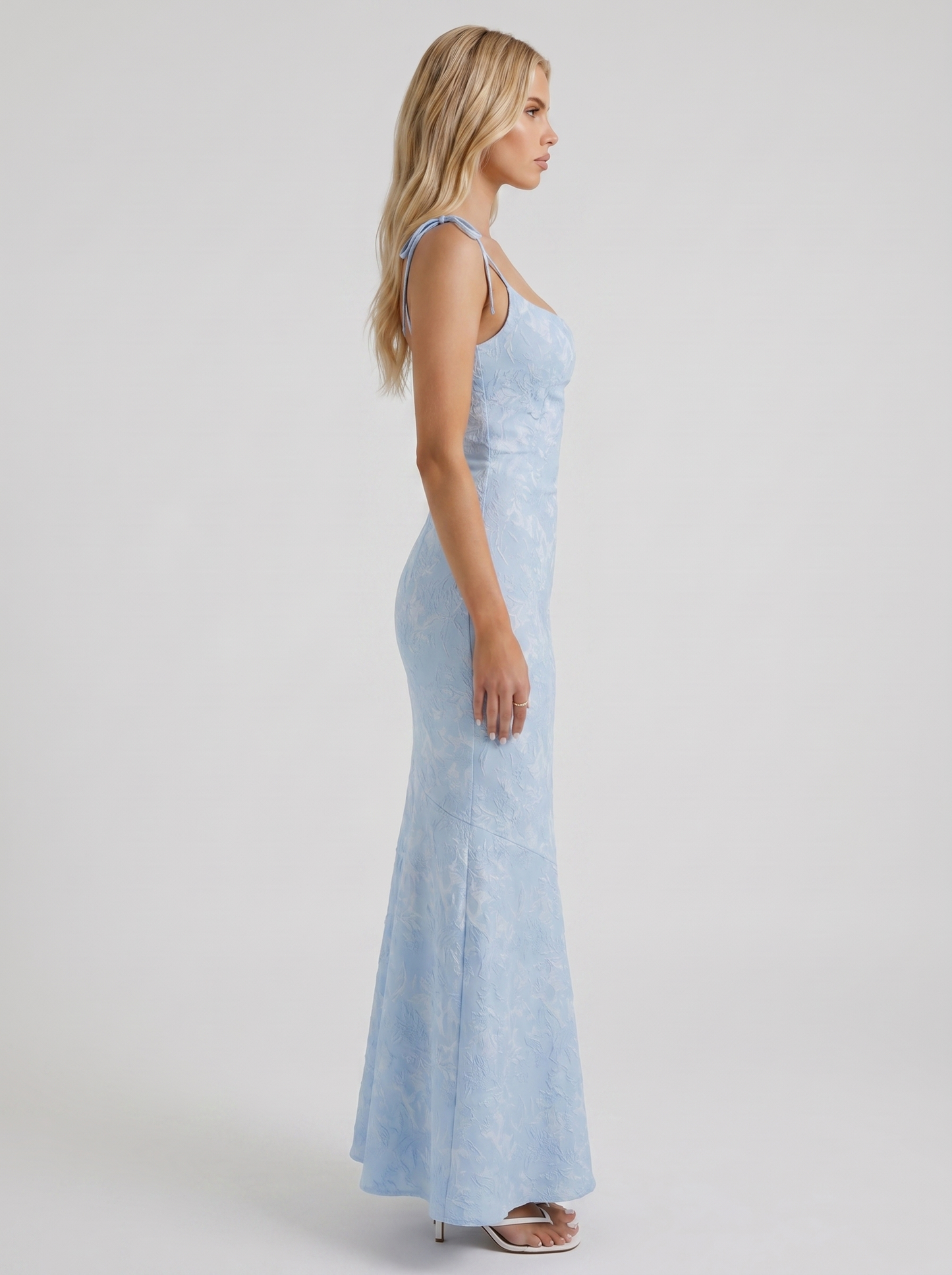 Women blue textured satin cowl neck bodycon maxi dress, side profile