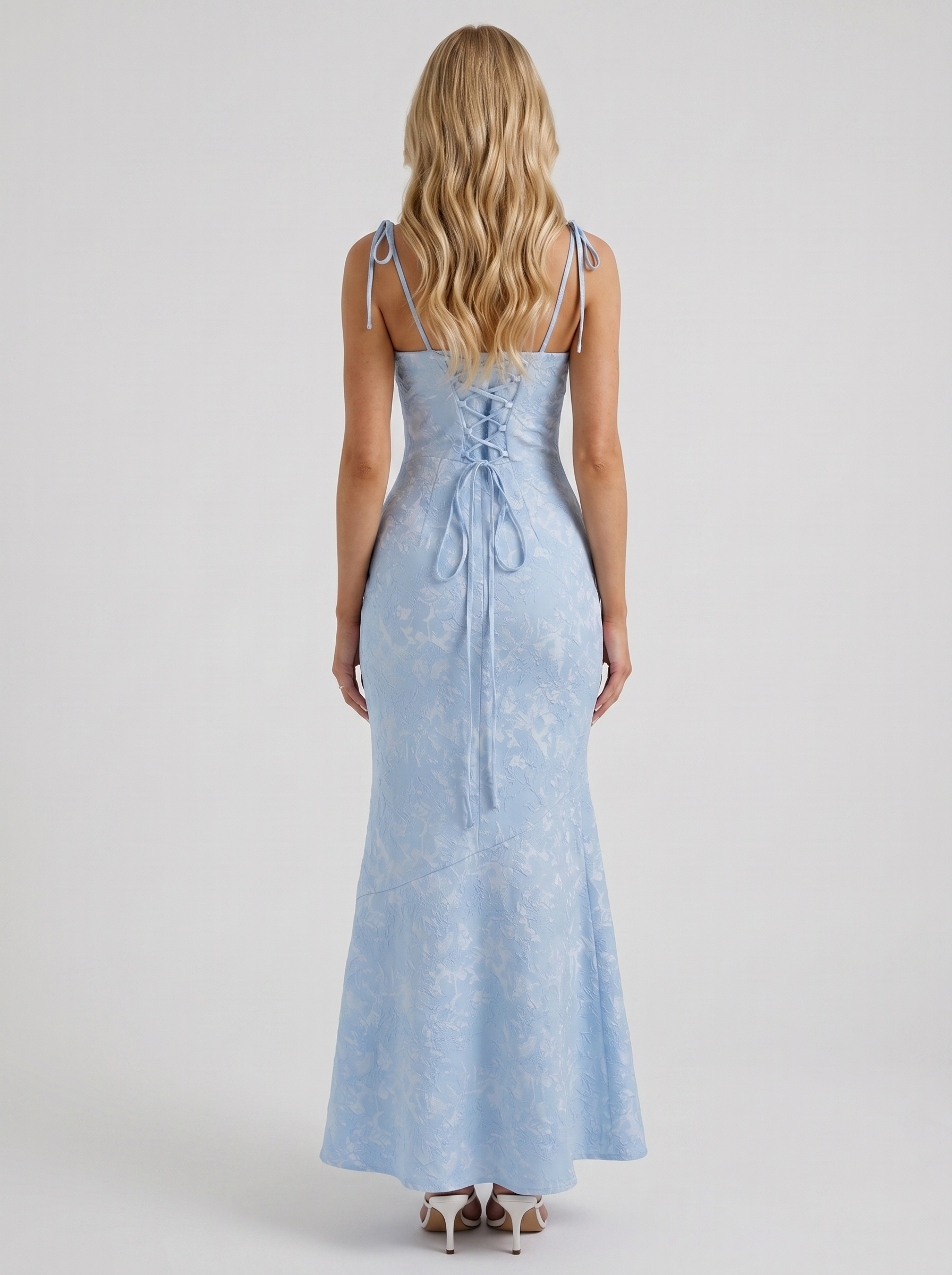 Women blue textured satin cowl neck maxi dress with open back, back view