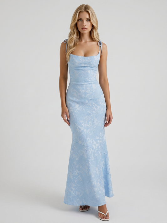 Aria Cowl Neck Textured Satin Bodycon Maxi Dress - Blue