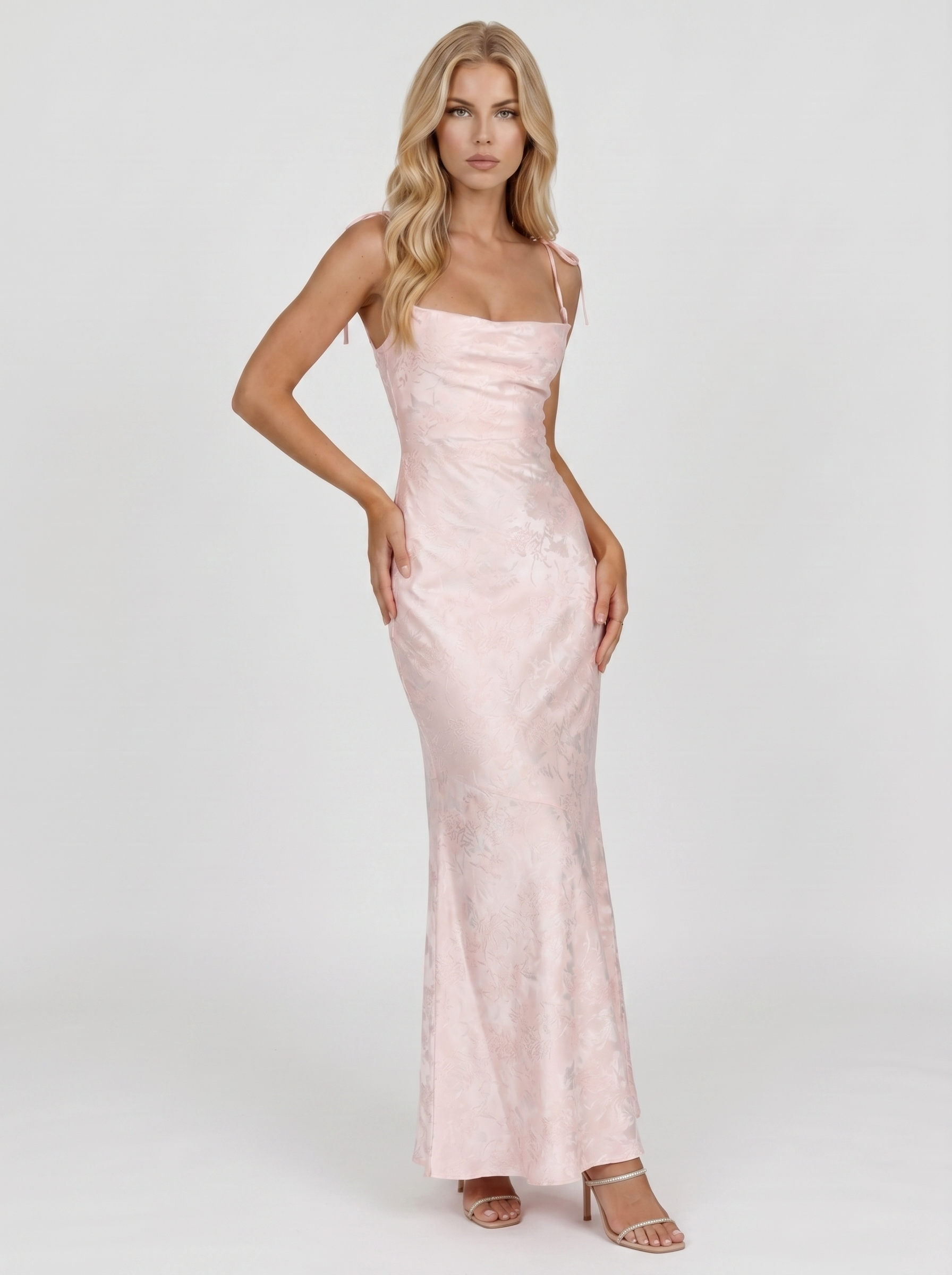 Women blush textured satin cowl neck maxi dress with mermaid hem, 45 degree angle