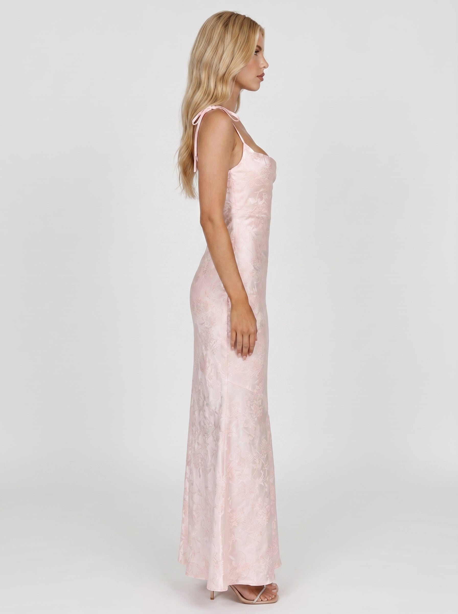 Women blush textured satin cowl neck bodycon maxi dress, side profile