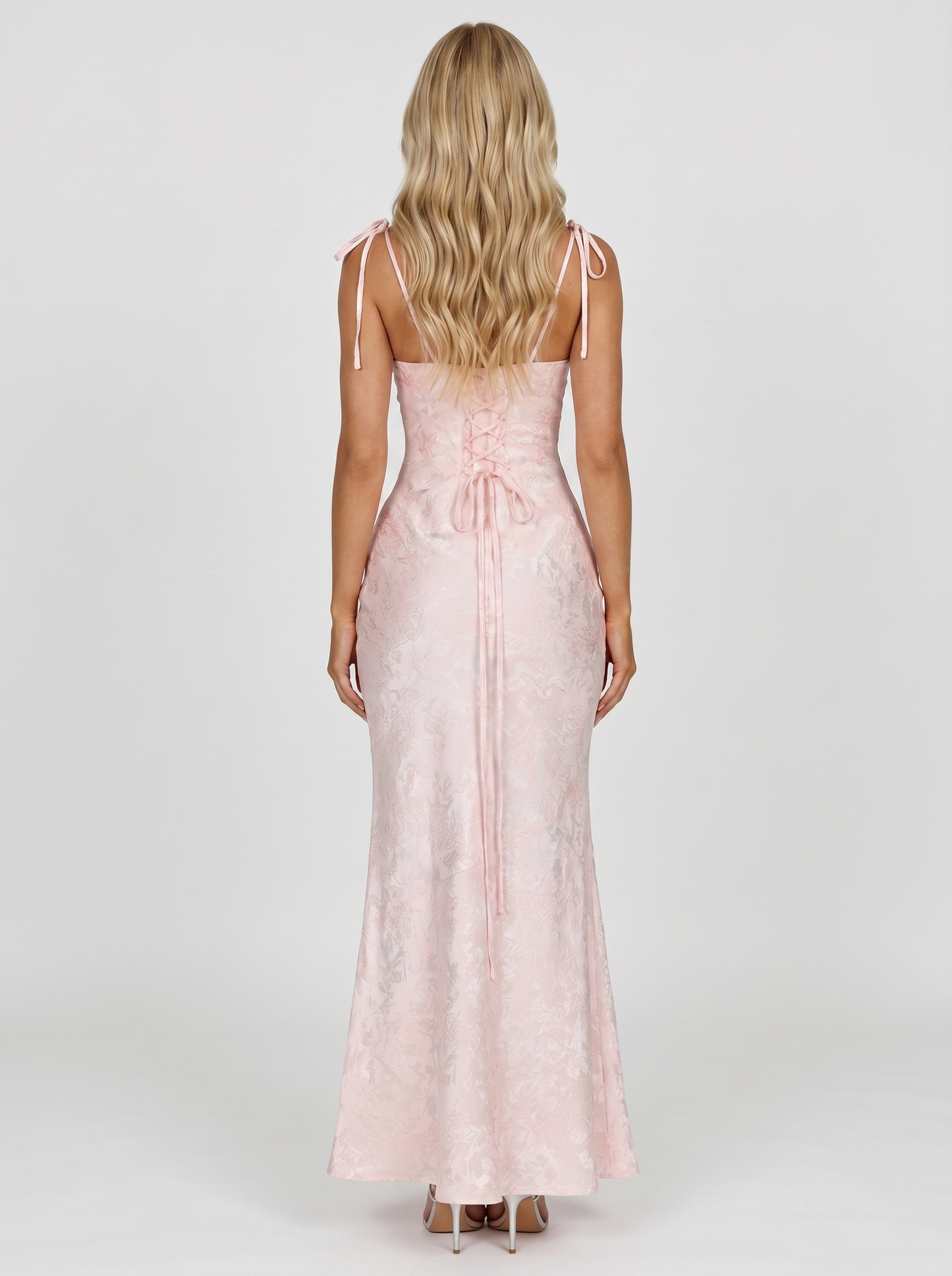 Women blush textured satin cowl neck maxi dress with open back, back view
