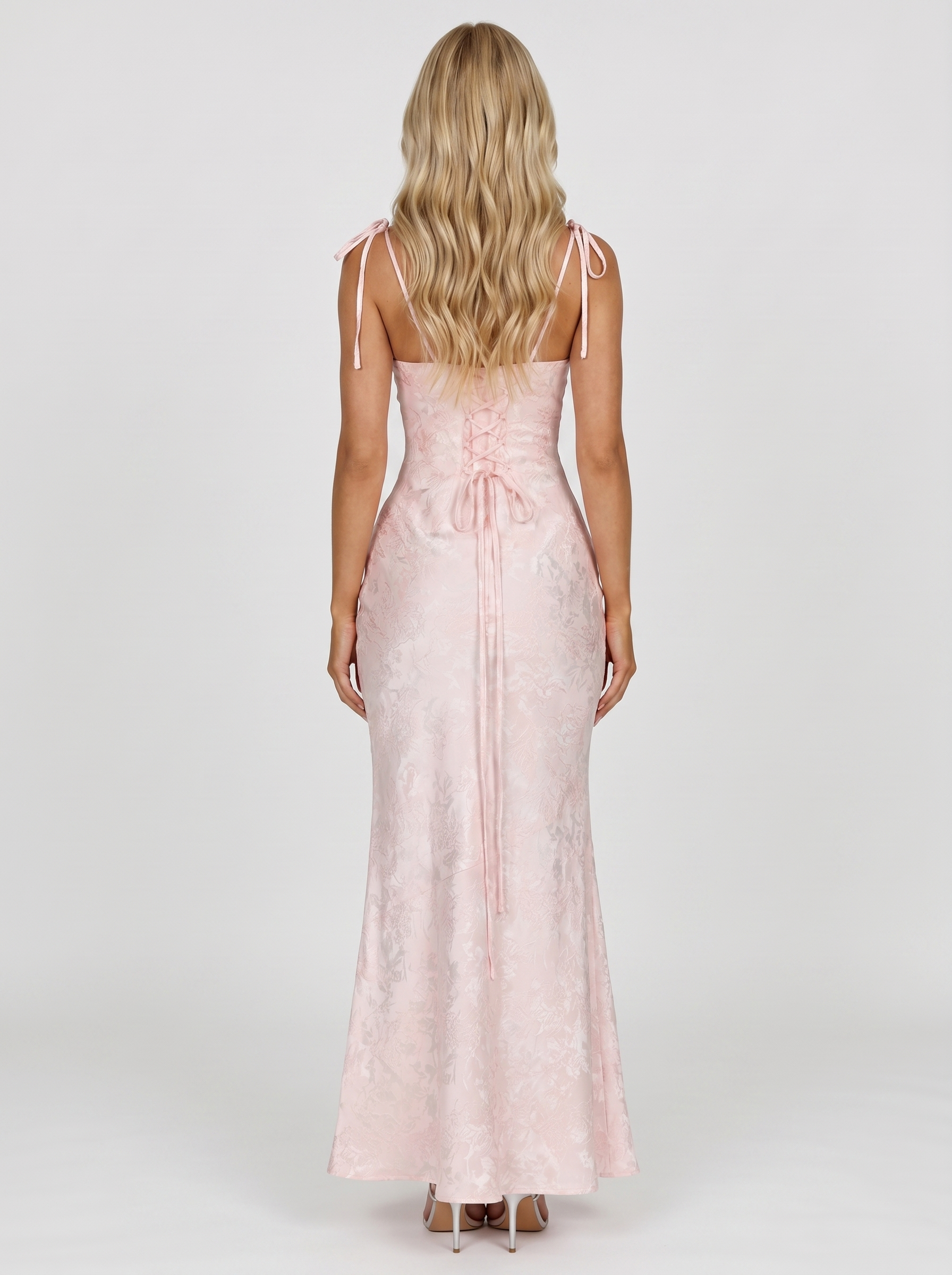 Women blush textured satin cowl neck maxi dress with open back, back view