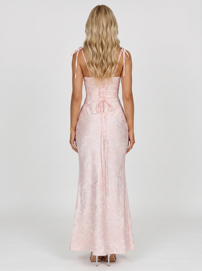 Women blush textured satin cowl neck maxi dress with open back, back view