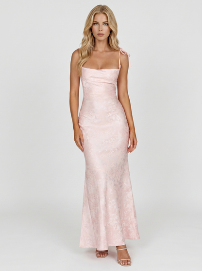 Women blush textured satin cowl neck bodycon maxi dress with spaghetti straps, front view