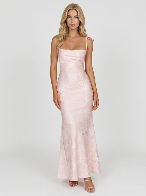 Women blush textured satin cowl neck bodycon maxi dress with spaghetti straps, front view