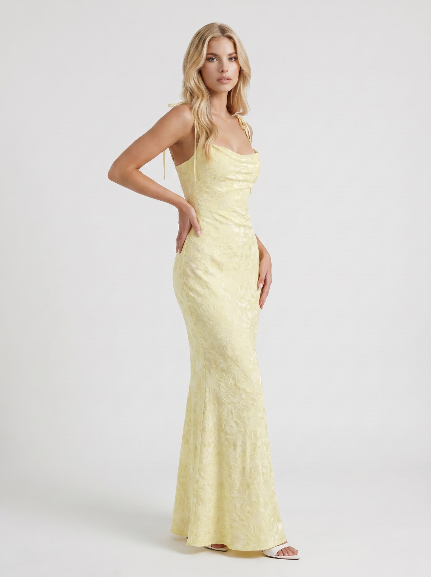 Women lemon textured satin cowl neck maxi dress with mermaid hem, 45 degree angle