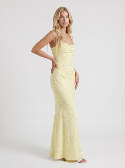 Women lemon textured satin cowl neck maxi dress with mermaid hem, 45 degree angle
