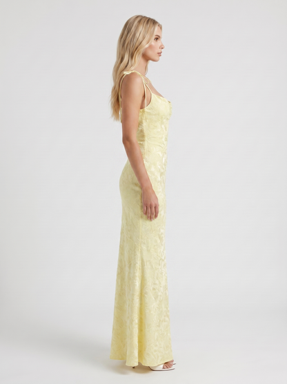Women lemon textured satin cowl neck bodycon maxi dress, side profile