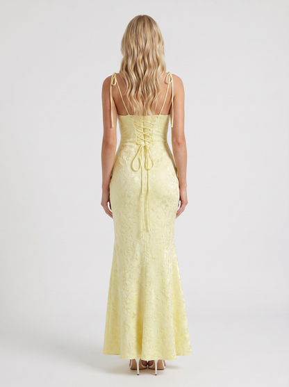 Women lemon textured satin cowl neck maxi dress with open back, back view
