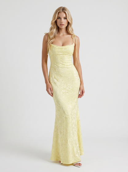 Women lemon textured satin cowl neck bodycon maxi dress with spaghetti straps, front view