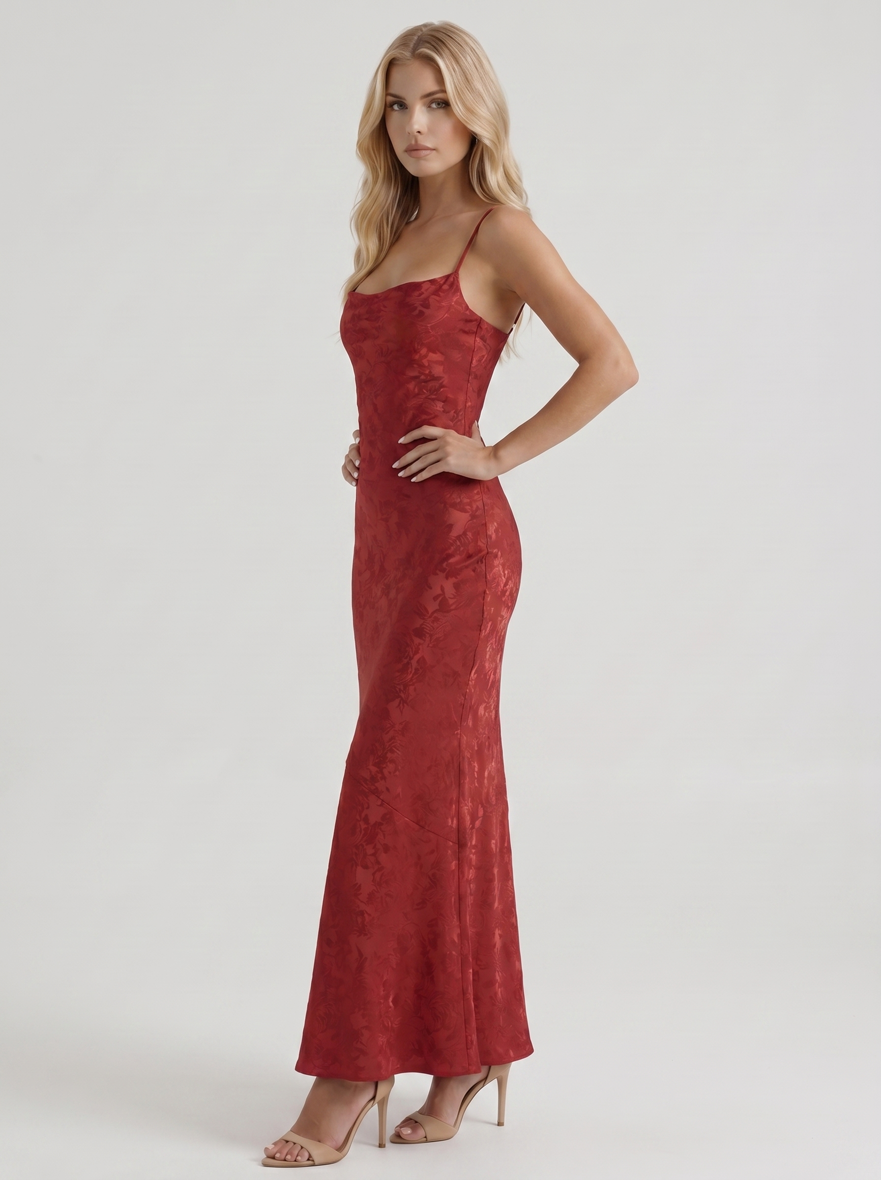 Women red textured satin cowl neck maxi dress with mermaid hem, 45 degree angle