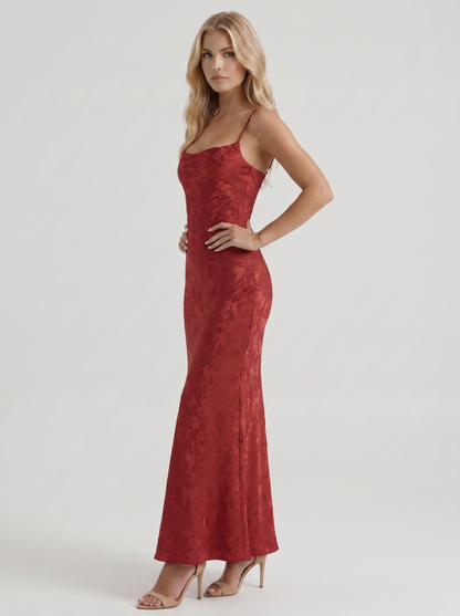 Women red textured satin cowl neck maxi dress with mermaid hem, 45 degree angle