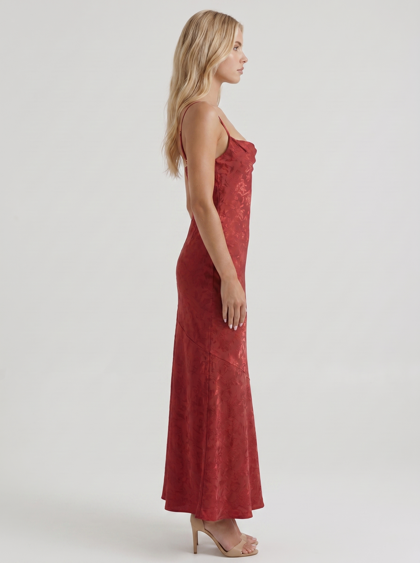 Women red textured satin cowl neck bodycon maxi dress, side profile