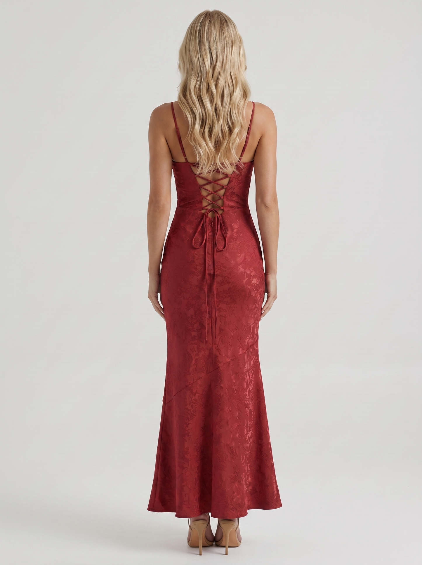 Women red textured satin cowl neck maxi dress with open back, back view