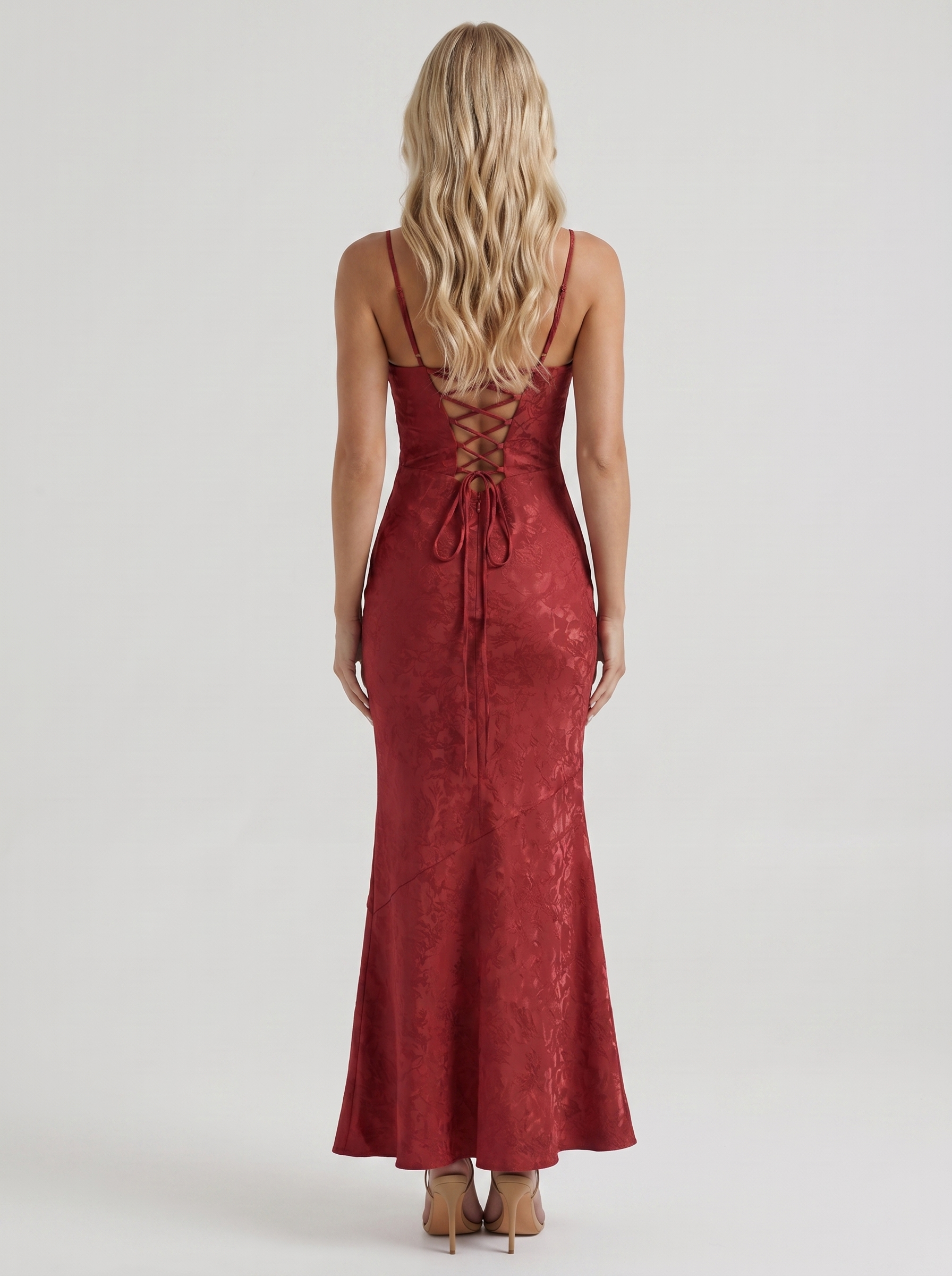 Women red textured satin cowl neck maxi dress with open back, back view