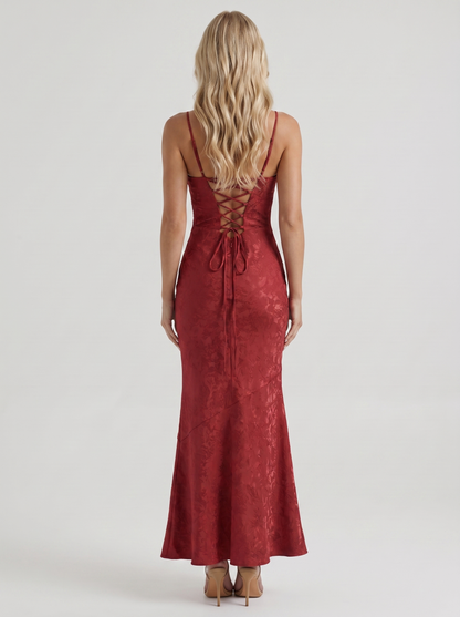 Women red textured satin cowl neck maxi dress with open back, back view