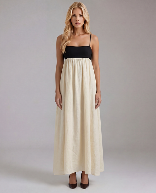 Women black and white maxi dress with spaghetti straps, straight neckline, contrast bodice, front view quality