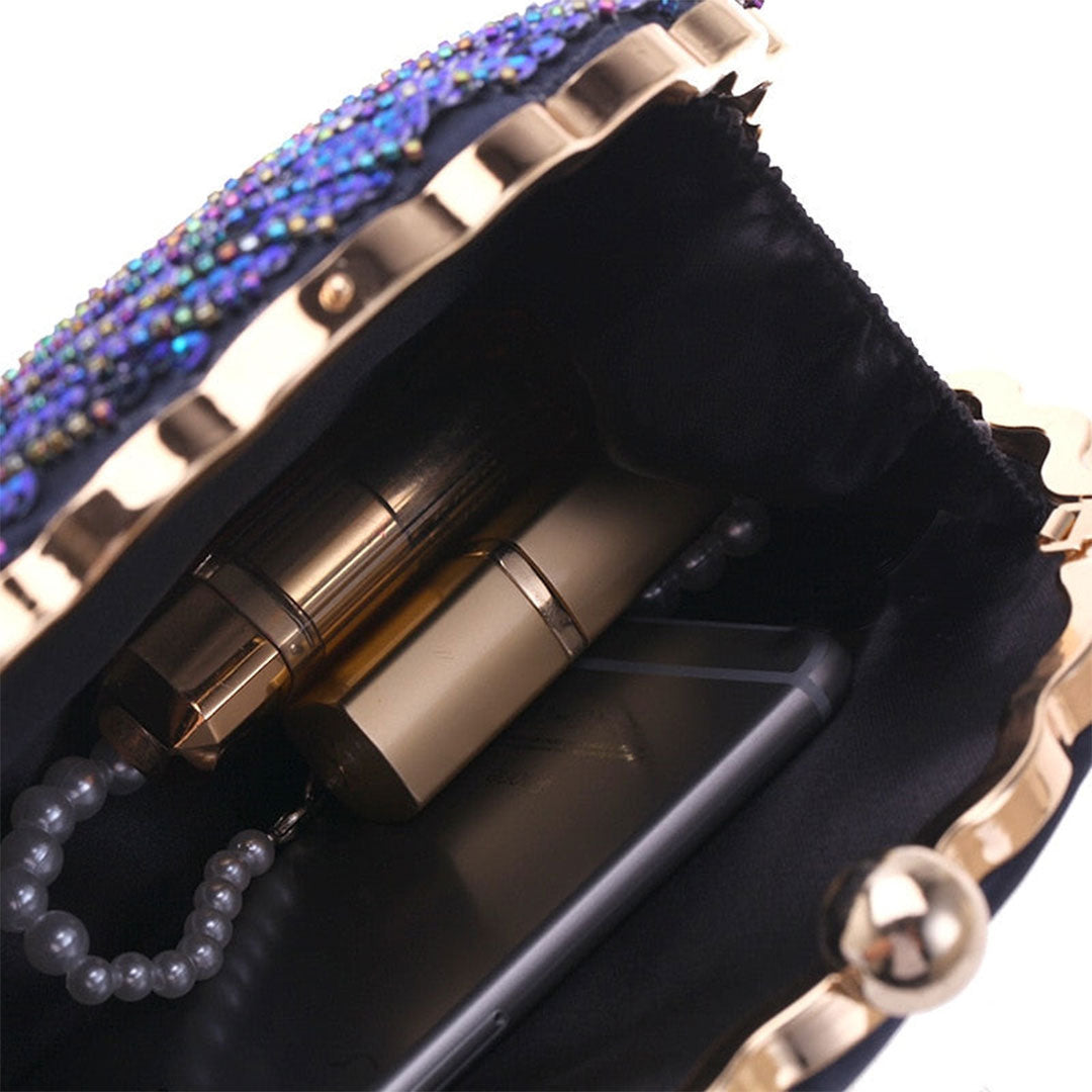 Women blue clutch bag with sequin finish and beaded detail