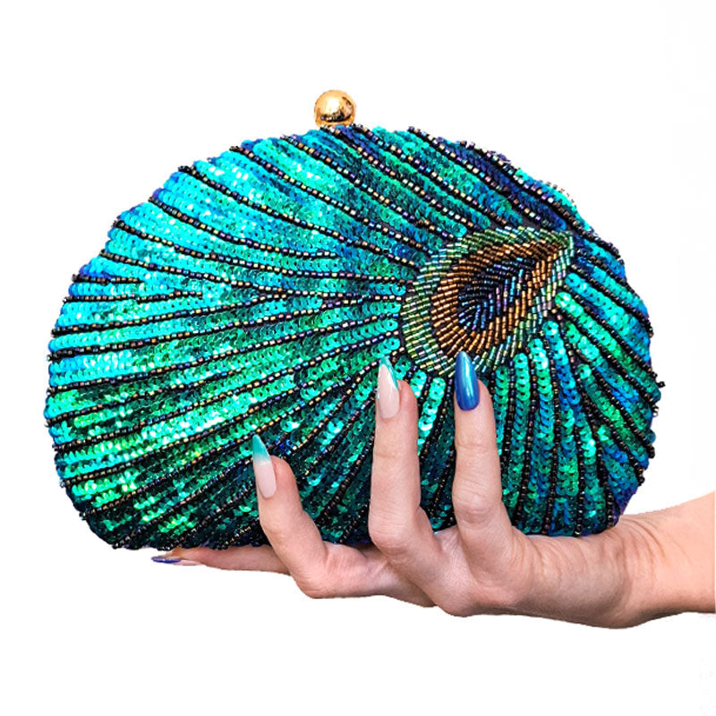Women blue clutch bag with sequin finish and beaded detail